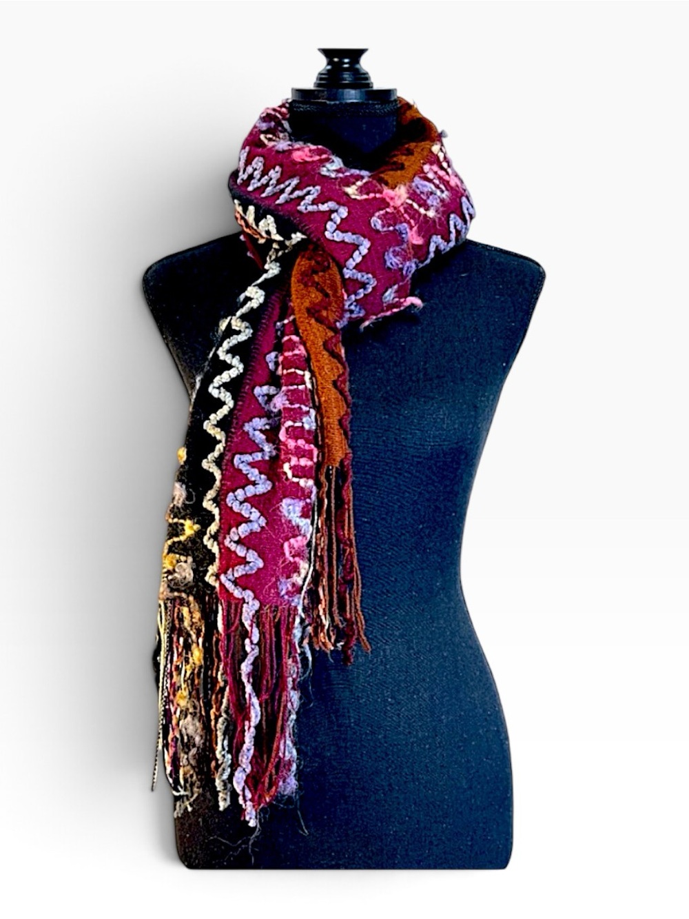 Multi color sequin boho scarf or wrap in berry rust cream brown and black